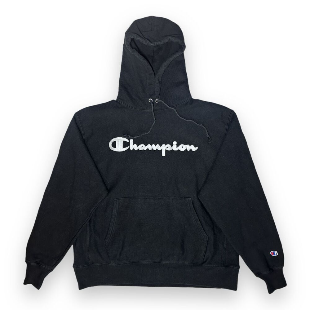 VTG Champion Premium Reverse Weave Hoodie Large Black Heavyweight Streetwear - Picture 1 of 10